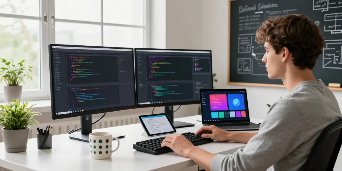 Learn Android Studio for beginners in a vibrant tech workspace with programming tools and a dynamic environment.