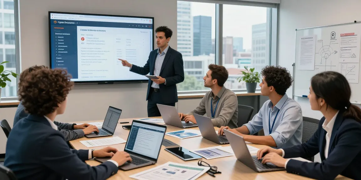Cyber Essentials quote collaborative cybersecurity team discussing certification strategies around a conference table in a modern office