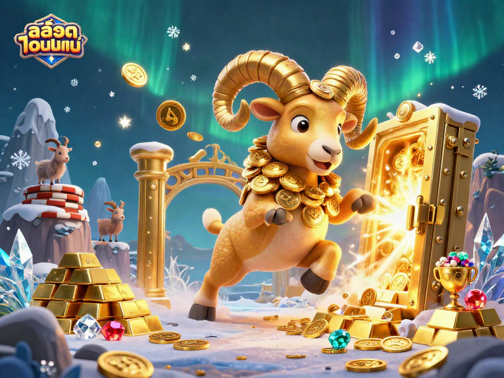 Spin the reels of สล็อตออนไลน์ as a golden ram charges toward riches, surrounded by treasures.