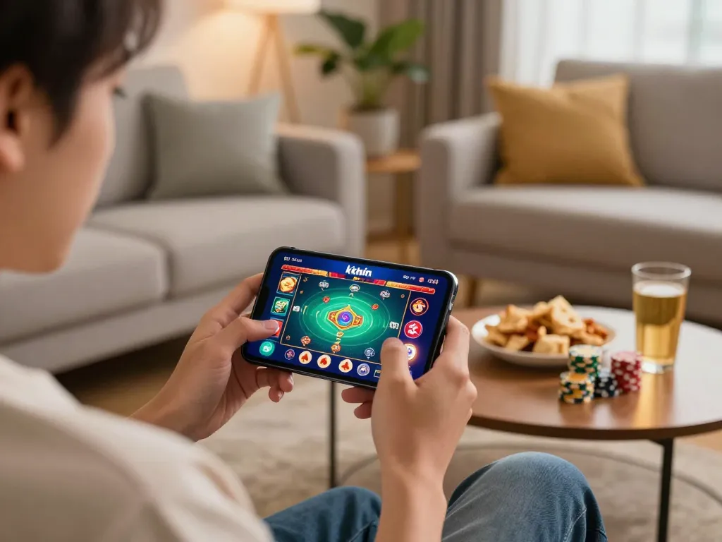 User engaged in kkwin mobile casino gaming on smartphone in cozy living room atmosphere.