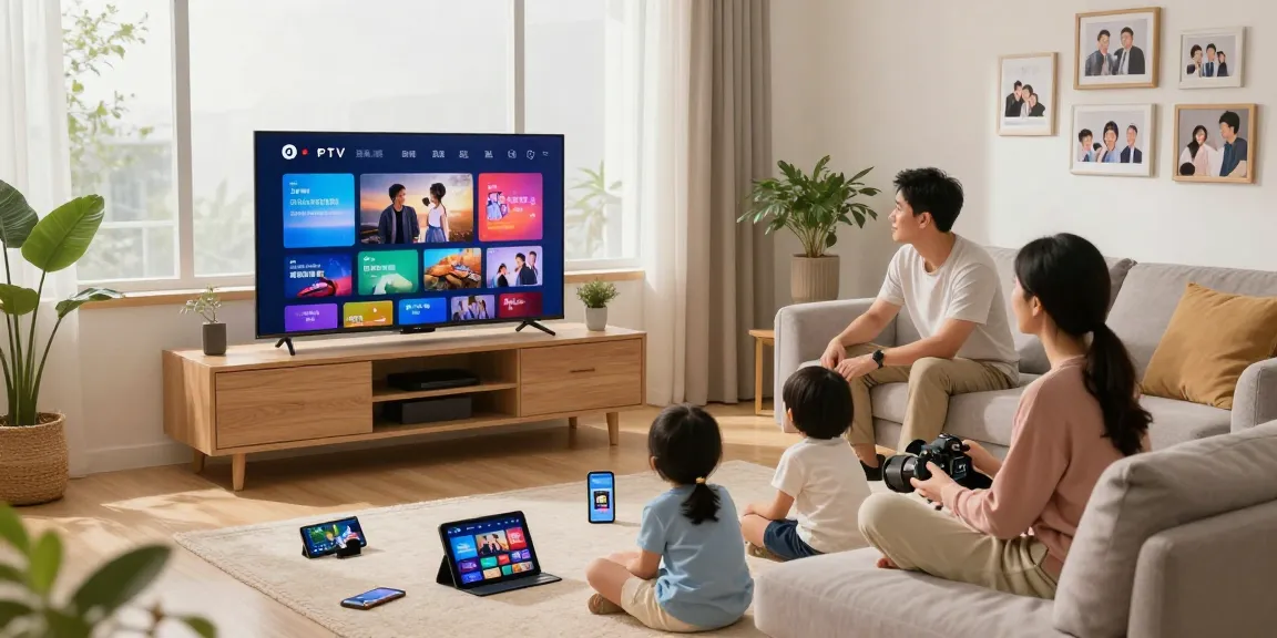 Profitez de l'abonnement iptv dans un salon moderne avec des familles regardant la télévision en direct.