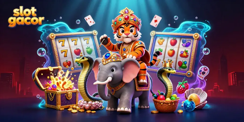 Engage with slot gacor themes featuring a maharaja tiger and vibrant casino elements for a dynamic experience.