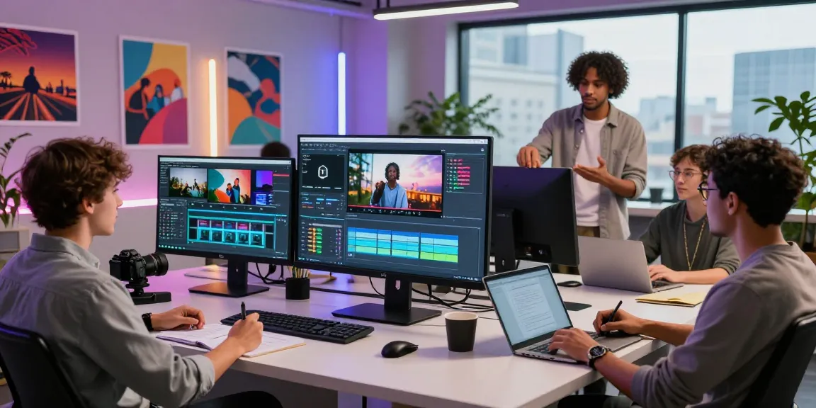 Collaborative team using an ai video prompt generator in a modern video production studio