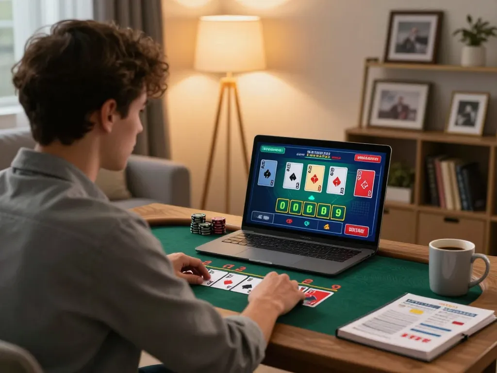 Engaged player at home enjoying online blackjack betting experience through trang chủ dn88, showcasing focus and an inviting environment.