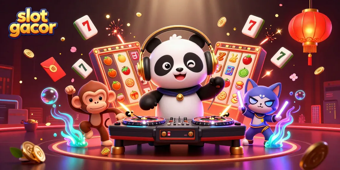 Slot gacor menampilkan DJ panda 3D dengan elemen kasino yang penuh warna dan energik.