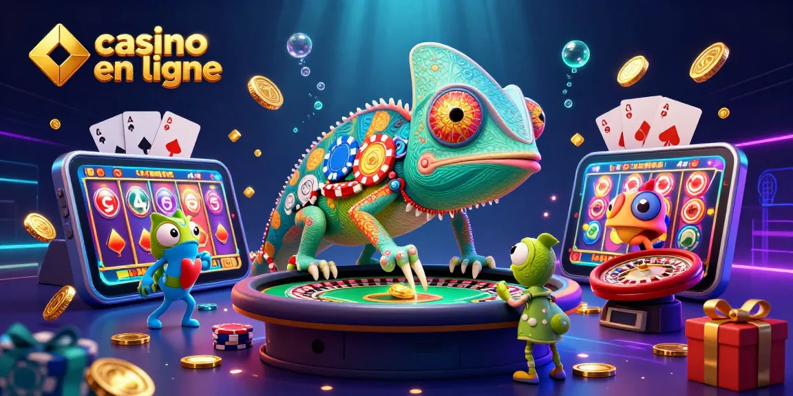 Illustration dynamique mettant en scène un chameleon propriétaire de casino en ligne et des éléments de jeux