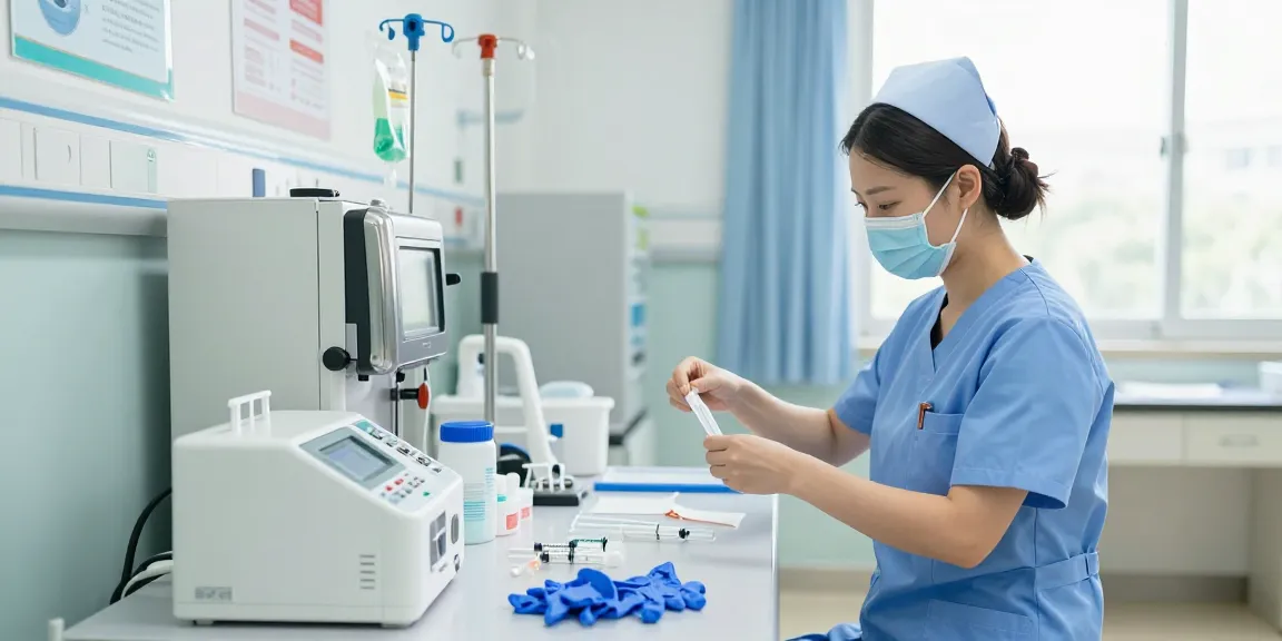 Preparation of disposable medical devices in a clean healthcare setting, showcasing essential tools and safety standards.