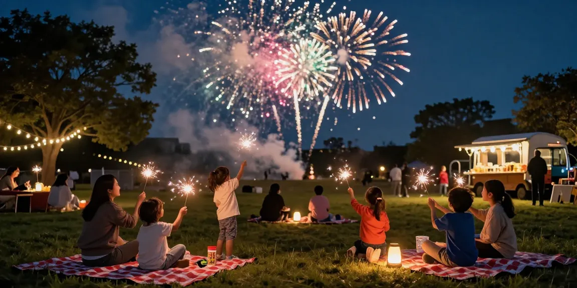 Colorful fireworks for sale lighting up the night sky during community celebration, families enjoying the display.