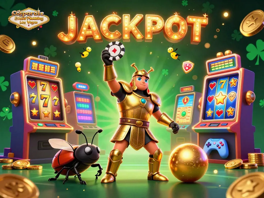 Engage in Corporate Event Planning Las Vegas with a victorious beetle and vibrant casino elements in a dynamic scene.