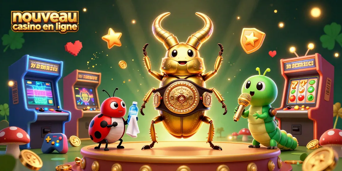 Scène dynamique de nouveau casino en ligne avec un scarabée géant et des jeux colorés