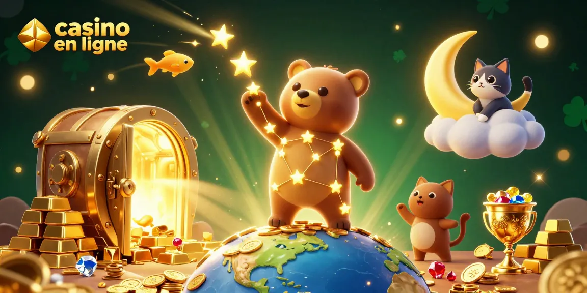 Plongez dans l'univers du casino en ligne avec cette illustration dynamique, où un ours constellation et ses amis récoltent des pièces d'or.