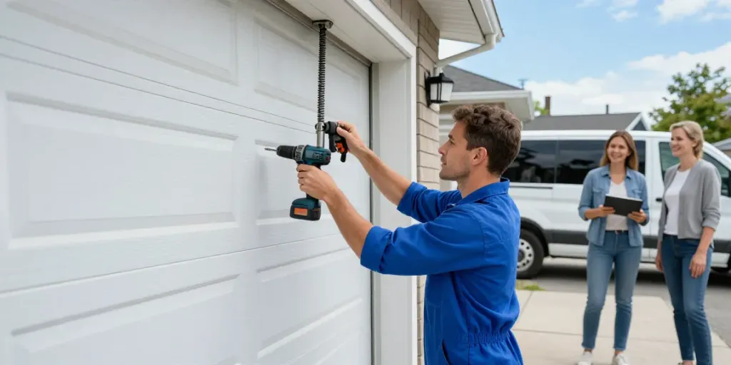 Emergency garage door repair in Noranda with a technician fixing a garage door while a homeowner observes.