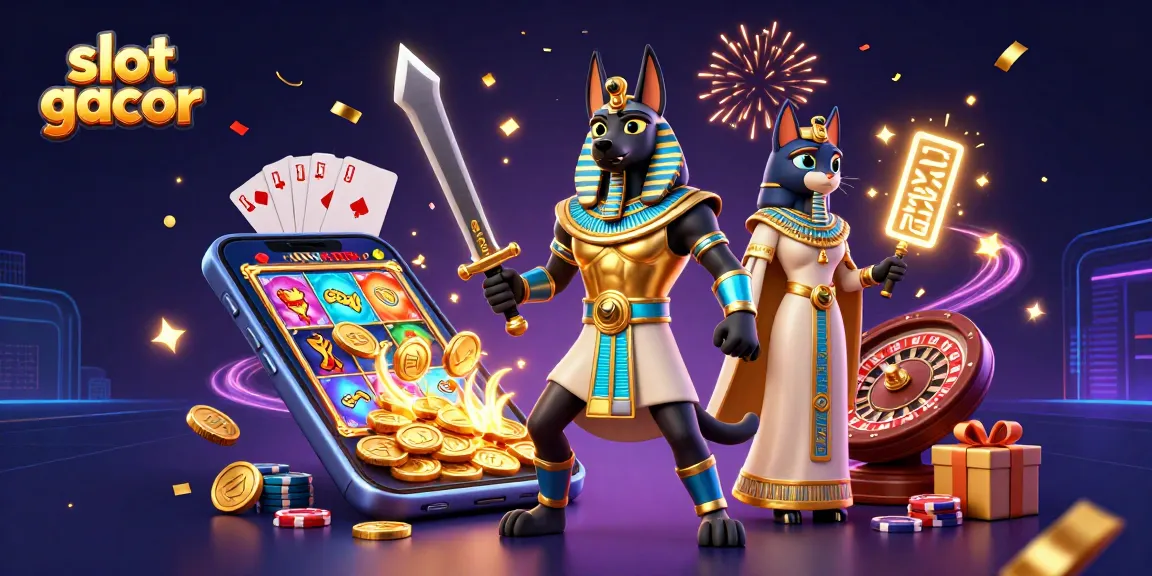 Experience thrilling slot gacor action with Anubis and Bastet in this vibrant casino scene.