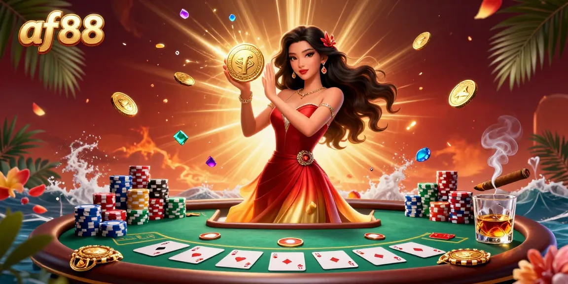 Experience the excitement of af88 with a stunning gaming scene featuring a golden coin, poker elements, and rich casino visuals.