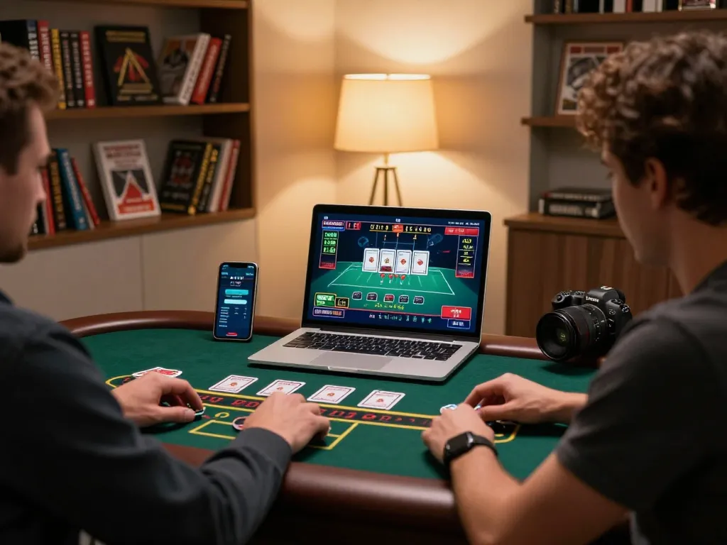 Person engaged in online gameplay at Sunwin, focusing on live dealer blackjack on a sleek laptop.
