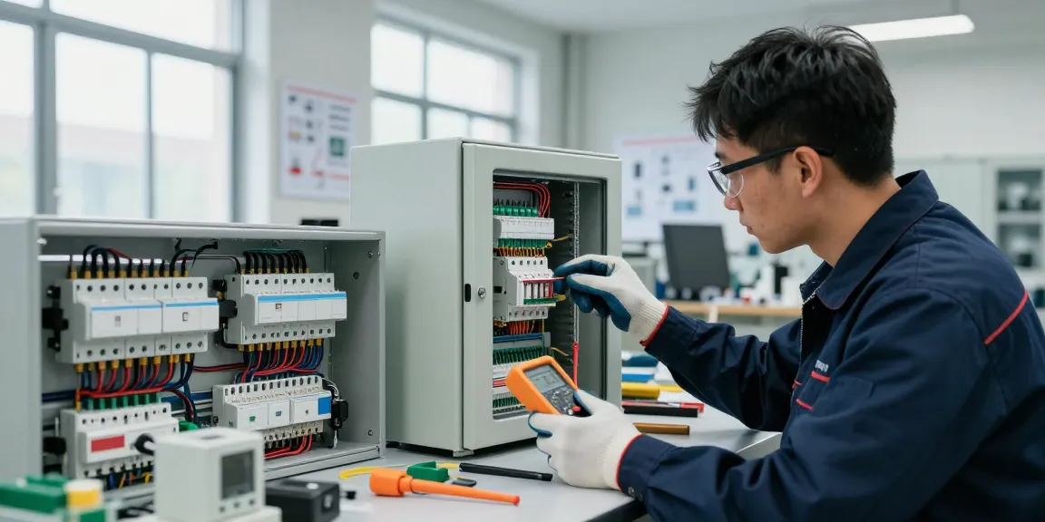Technician inspecting a panel switch installation in an industrial workshop, showcasing electronic control elements.
