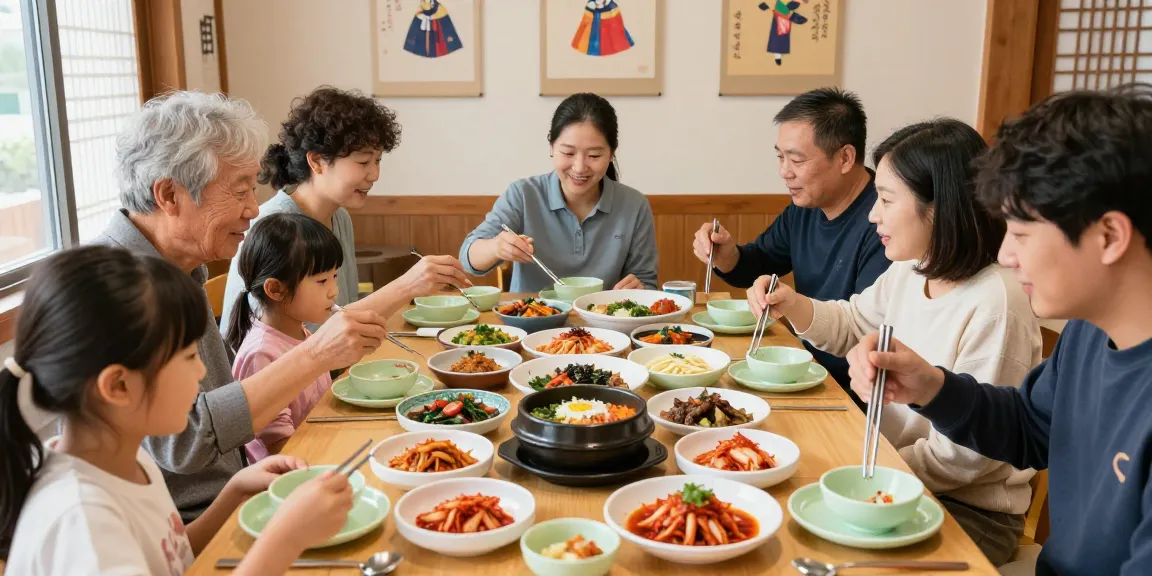 Guests enjoying traditional dishes at 상봉동 한국관, showcasing vibrant Korean family dining experience.