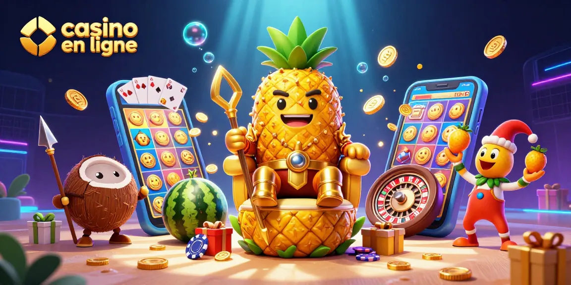Jeu dynamique au casino en ligne avec le roi ananas et ses gardes.