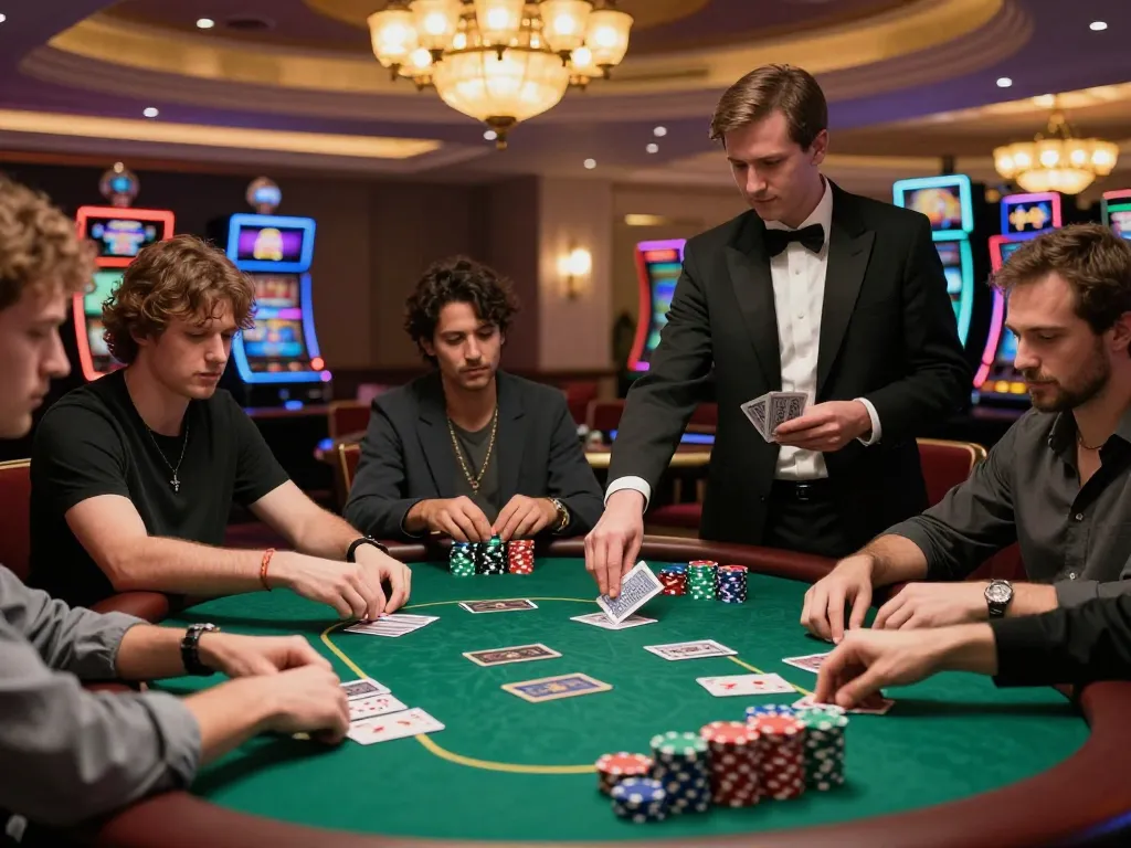 Players engaging in keobongda poker strategy at a vibrant casino table, showcasing the thrill of high-stakes gambling.