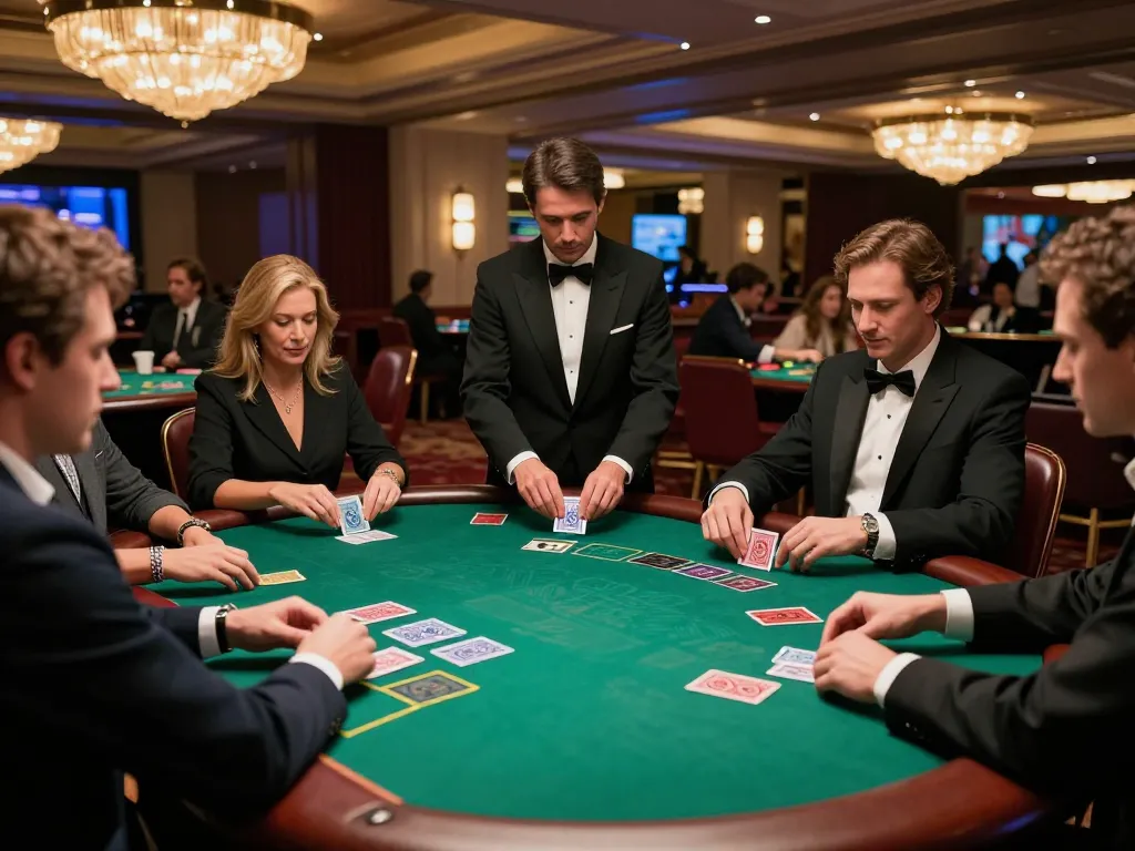 Players engaging in strategic blackjack at gem88 casino, with an elegant dealer and intense focus on gameplay.