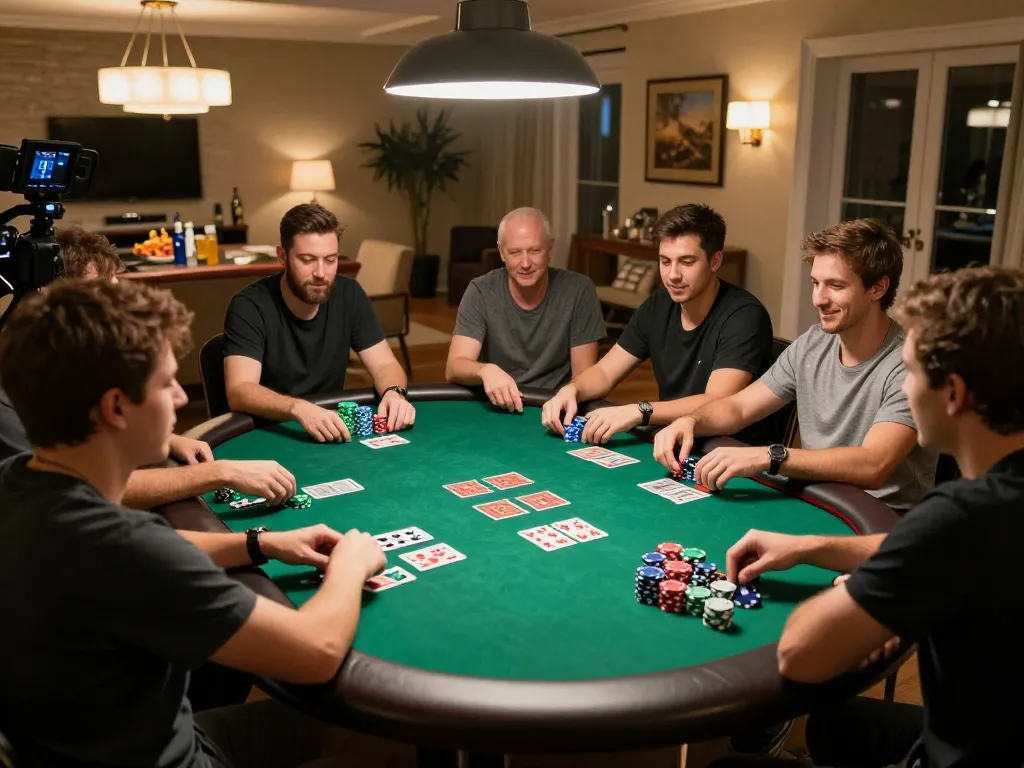 Engaged players enjoying a poker night at home, featuring strategic gameplay on Trang chủ 888new with colorful chips.