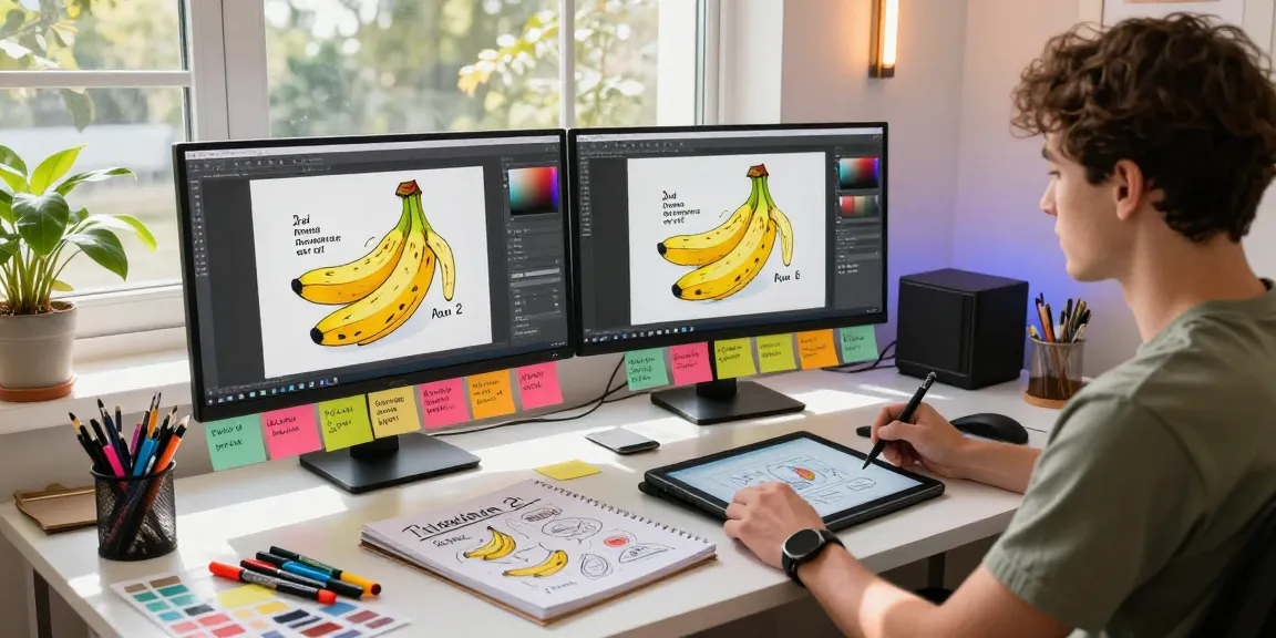 Artist editing vibrant images using nano banana 2 in a bright digital art studio