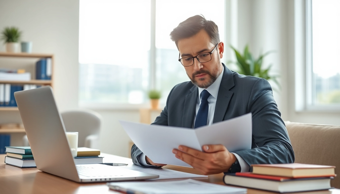 Clearwater truck accident lawyer analyzing legal documents in a bright office setting.
