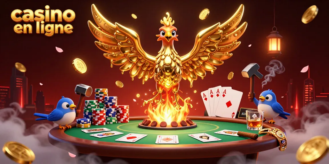 Célébrez vos gains au casino en ligne avec un phénix doré entouré de jackpots et jeux de cartes.