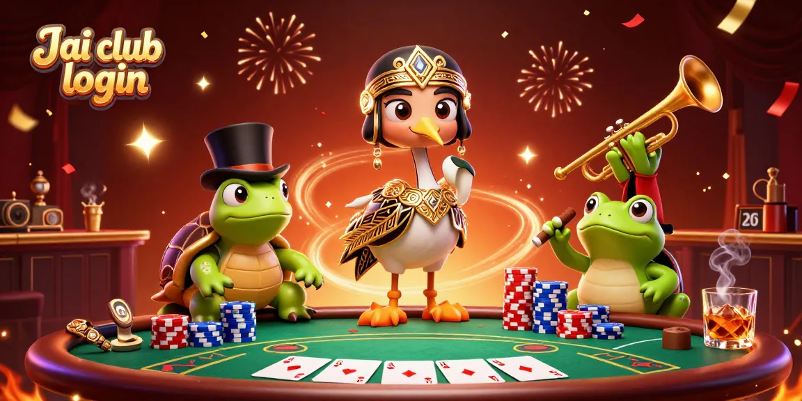 Experience the excitement of Jai club login with vibrant characters amidst poker and casino elements!