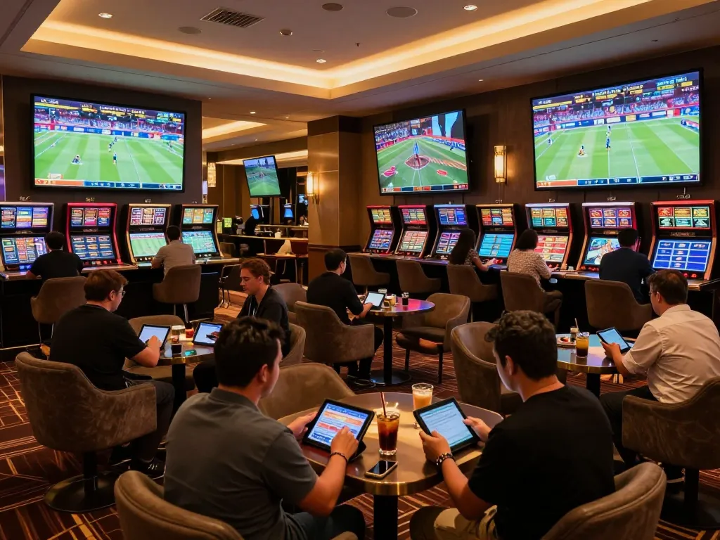 Bettors excitedly engaging in sports betting at a lounge featuring uk88 screens and live sports events