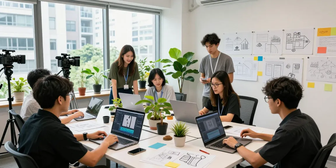 Creative team collaborating on video projects at Dreambox Studio SG, showcasing vibrant workspace.