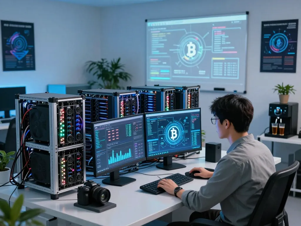 Advanced AI crypto mining lab with technician analyzing data on high-tech monitors, showcasing futuristic mining technology.