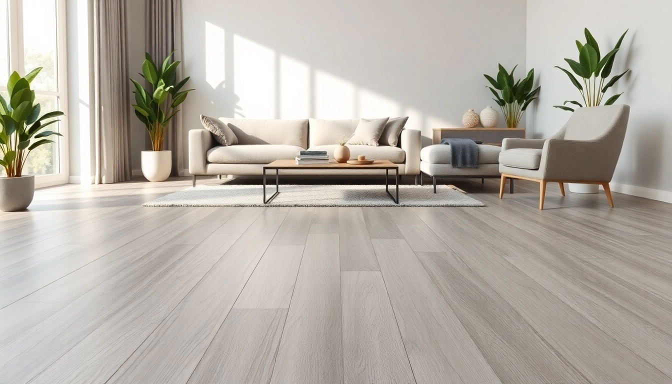 Showcase of grey vinyl flooring in a modern living room with natural lighting and elegant decor.