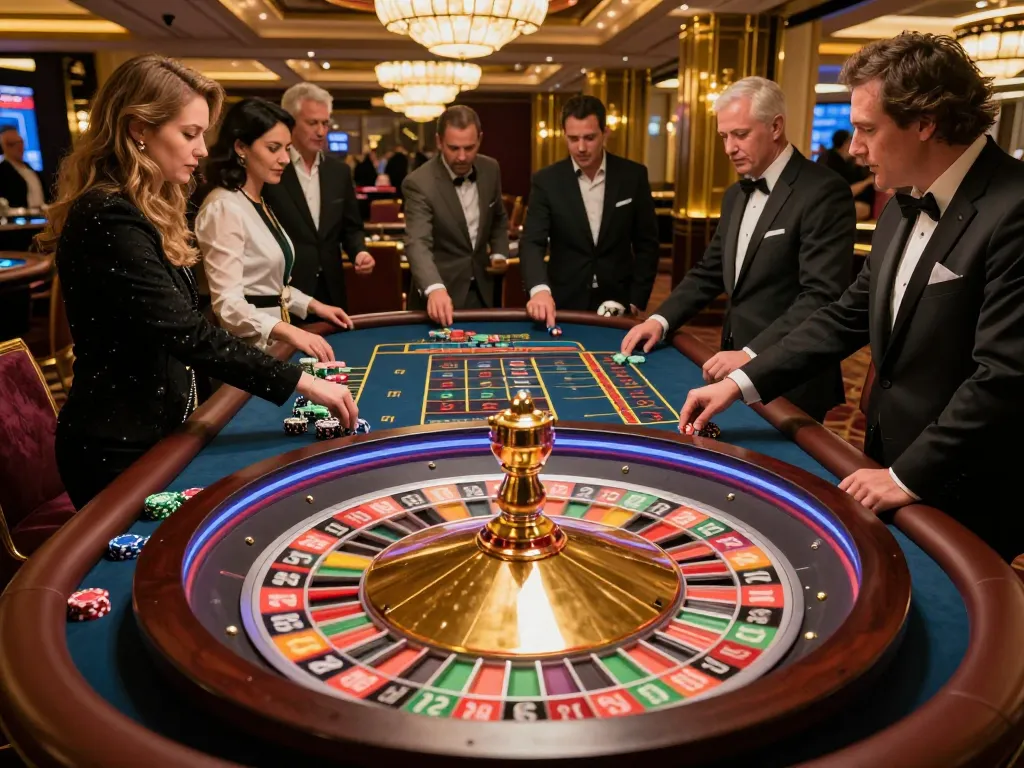 Sky88 players engaging in exciting roulette bets at a luxurious casino table