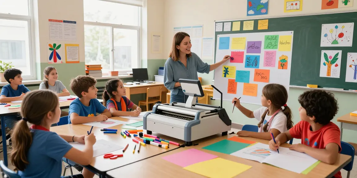 Students using a Poster Making Machine for creative projects in a vibrant classroom.
