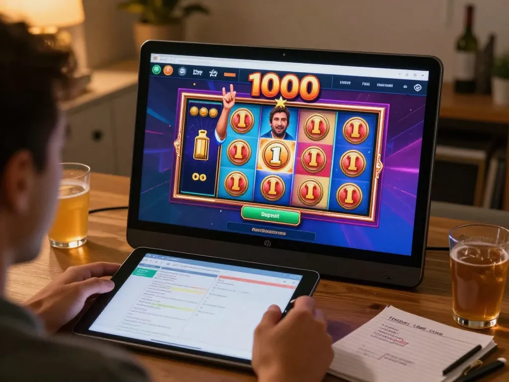 Engaging in slot deposit 1000 online gaming, user celebrates a winning spin on colorful interface