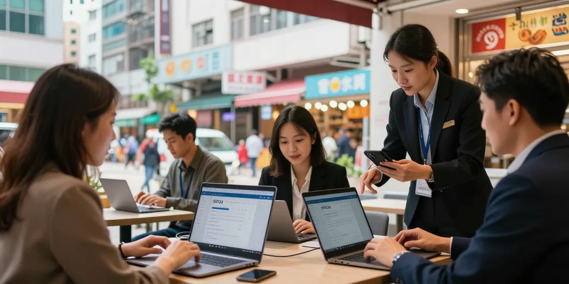 Engaging scene in the Hong Kong service marketplace with professionals connecting with clients through technology.