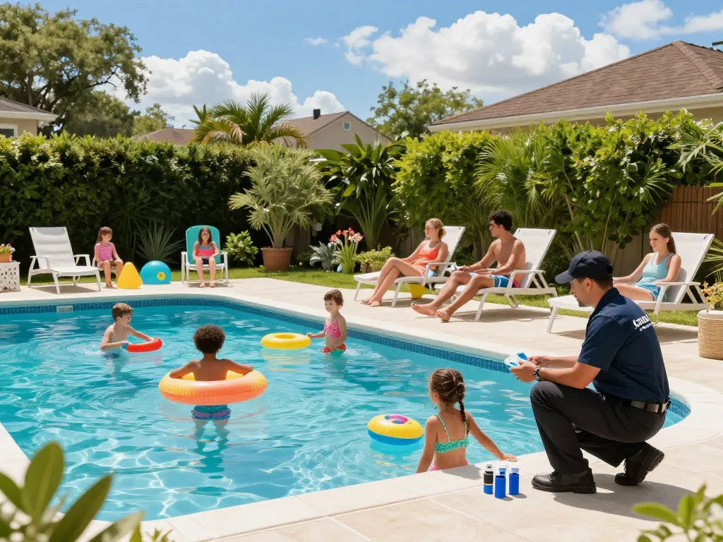 Dolphin Pool Services maintenance technician checking equipment while a family enjoys their pool on a sunny day.