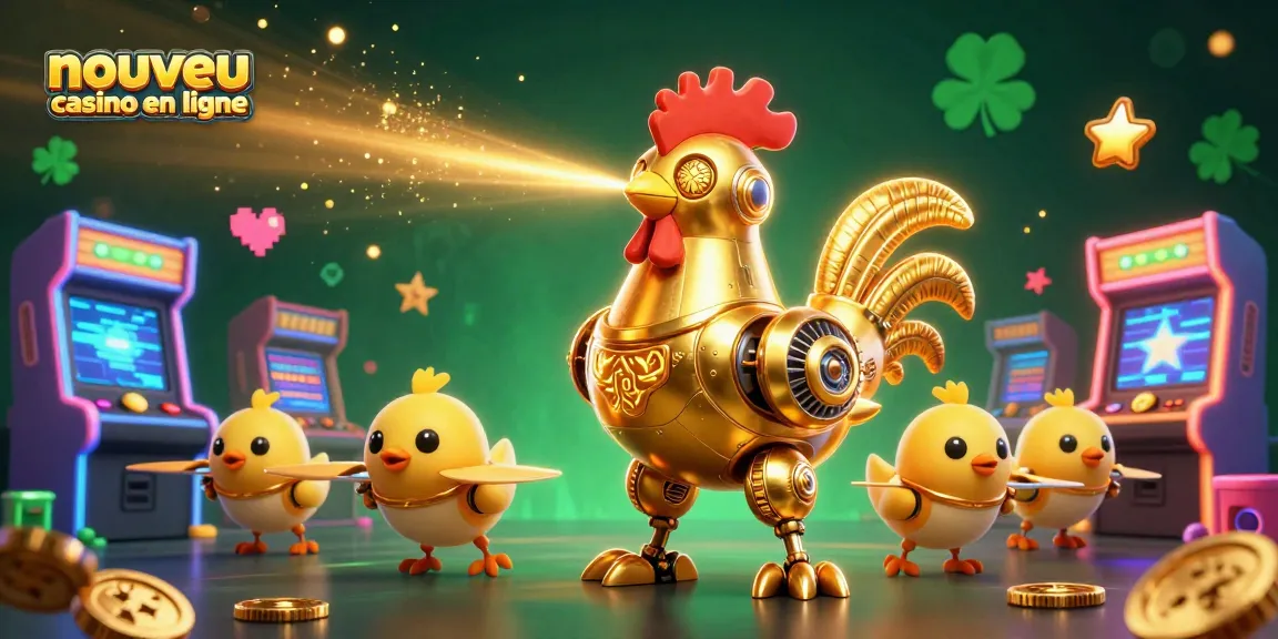 Illustration du nouveau casino en ligne mettant en scène un robot coq futuriste doré et des drones poussins interagissant avec des machines de jeux colorées.