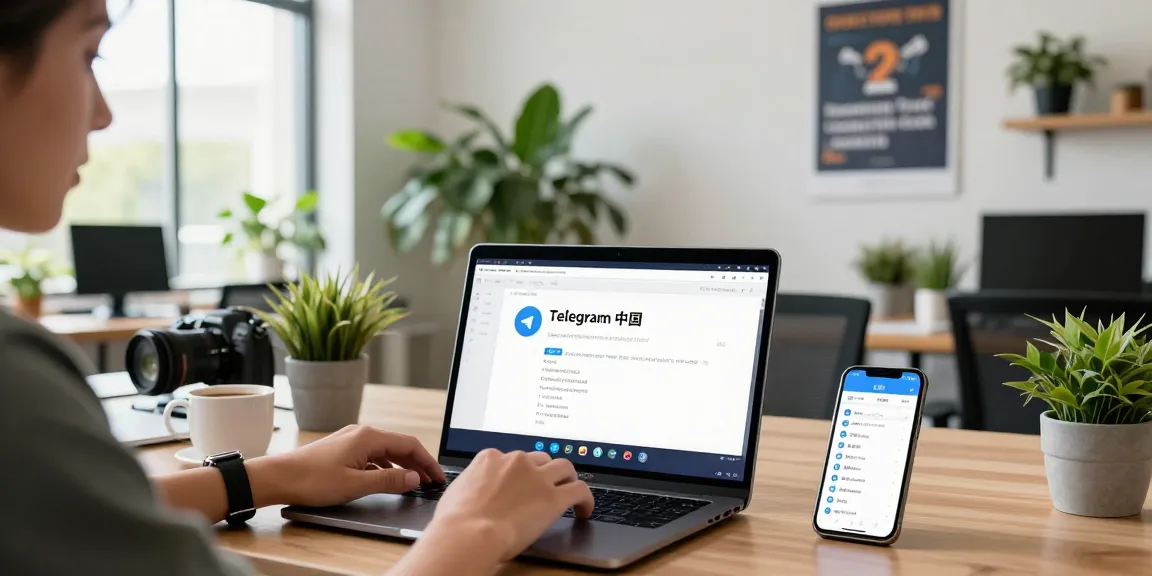 Setting up telegram chinese registration in a modern tech workspace, featuring a laptop and smartphone with Chinese interface.