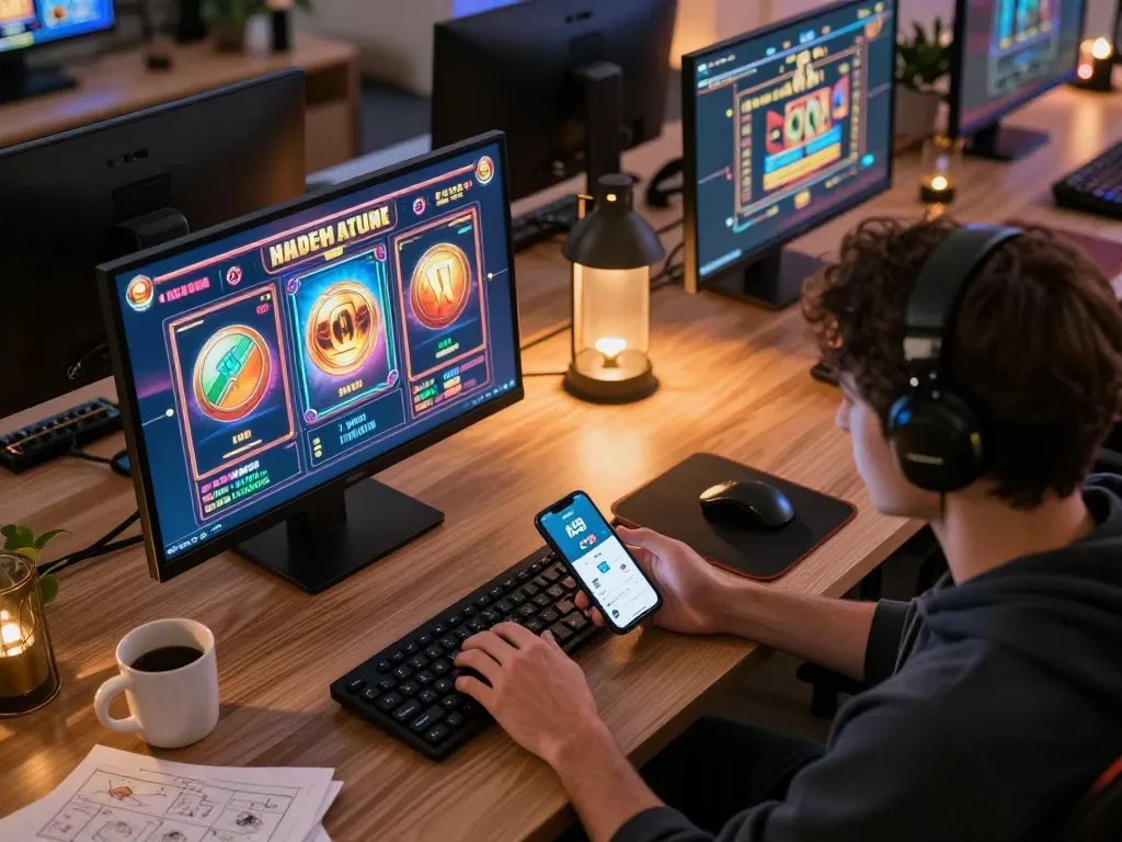 Engaging player enjoying ALO8 online slots in a cozy home office setup, showcasing modern gaming experience