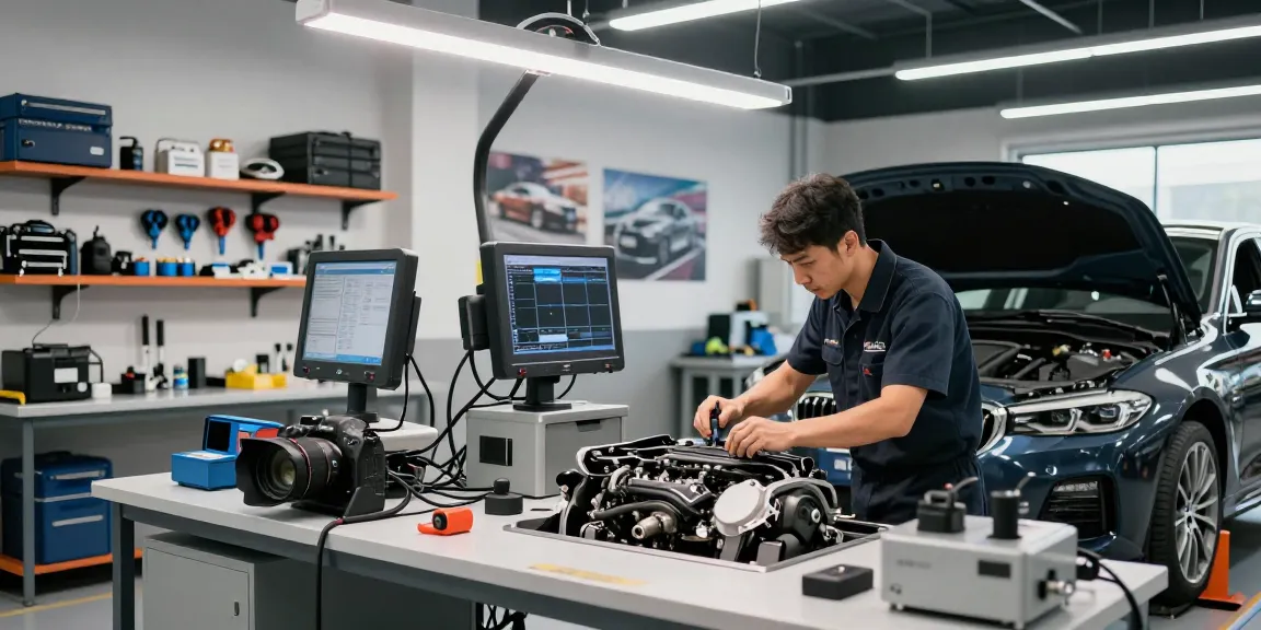Professionelle BMW Werkstatt in Hannover mit Mechaniker bei der Inspektion eines Motors.