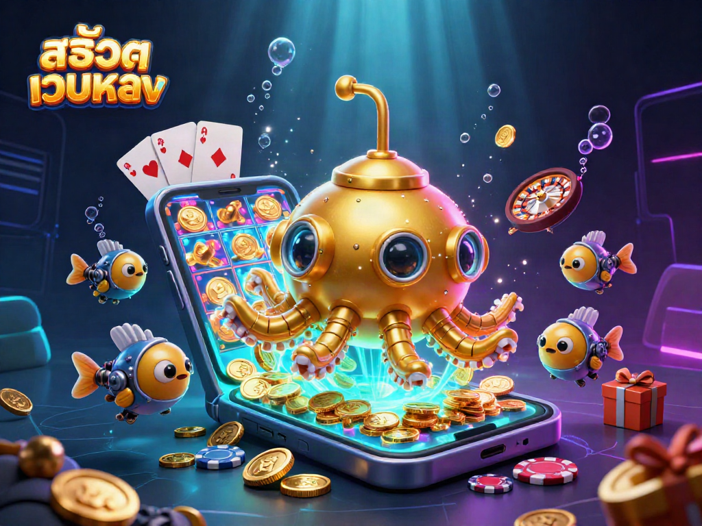 Engage with สล็อตเว็บตรง through a vibrant underwater casino scene featuring a golden kraken and slot games.