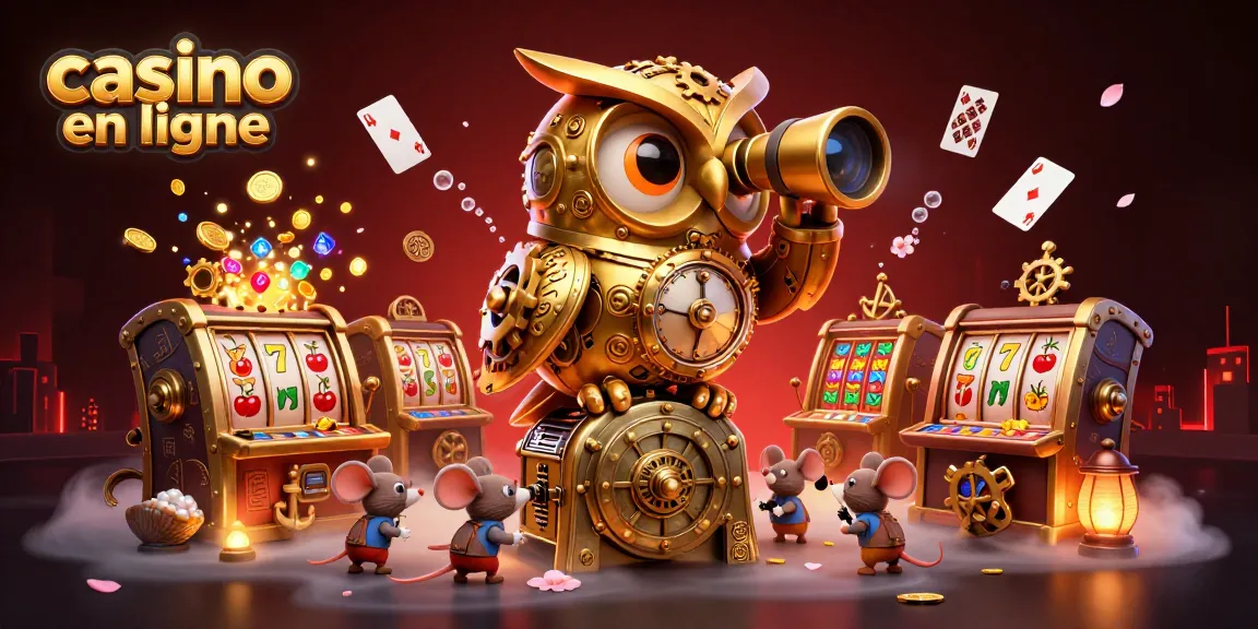 Animation captivante d'un casino en ligne avec un hibou et des souris entre les machines à sous.