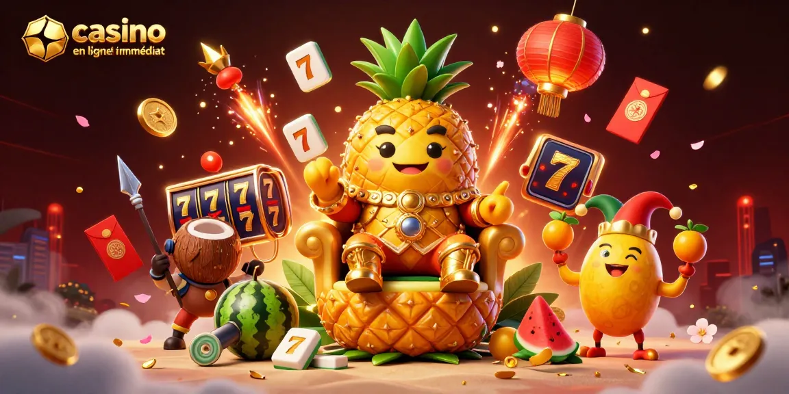 Illustration dynamique présentant un roi ananas et ses gardes dans un casino, avec casino en ligne retrait immédiat en arrière-plan.