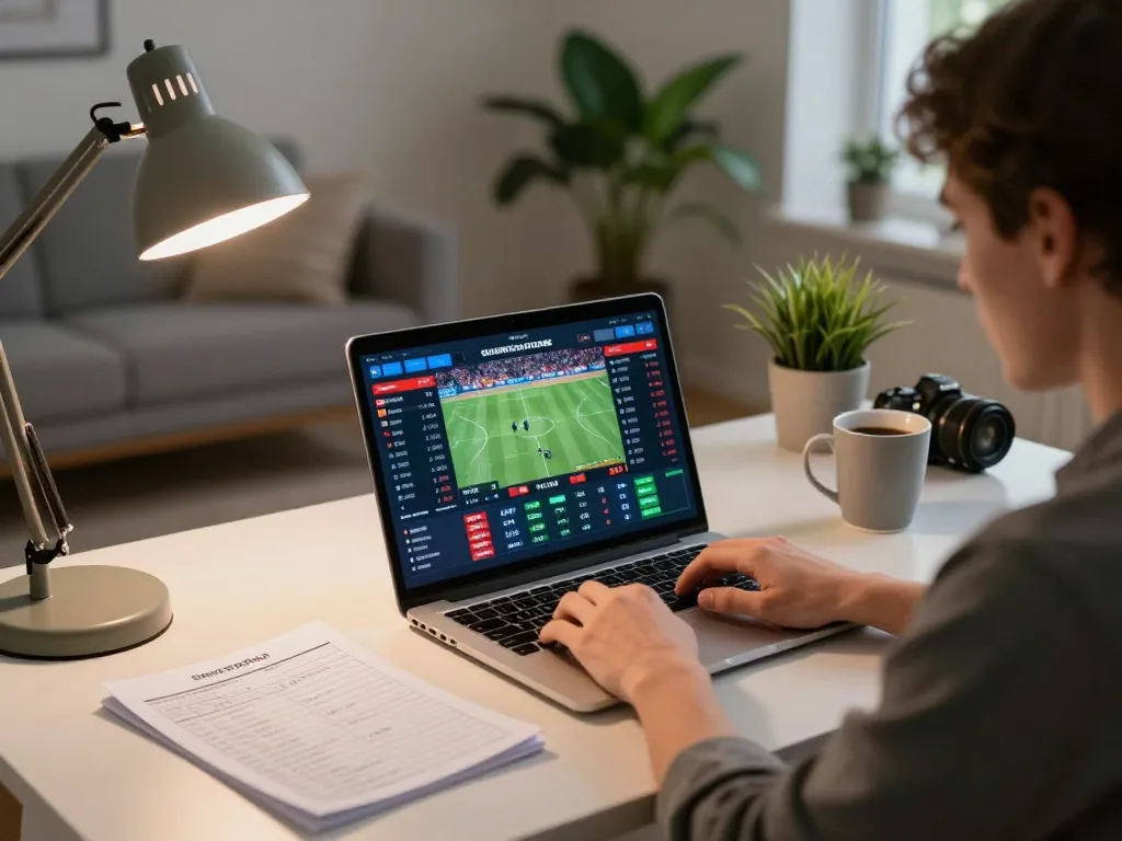 Engaging in online sports betting at home with abc8go showing live odds and match statistics