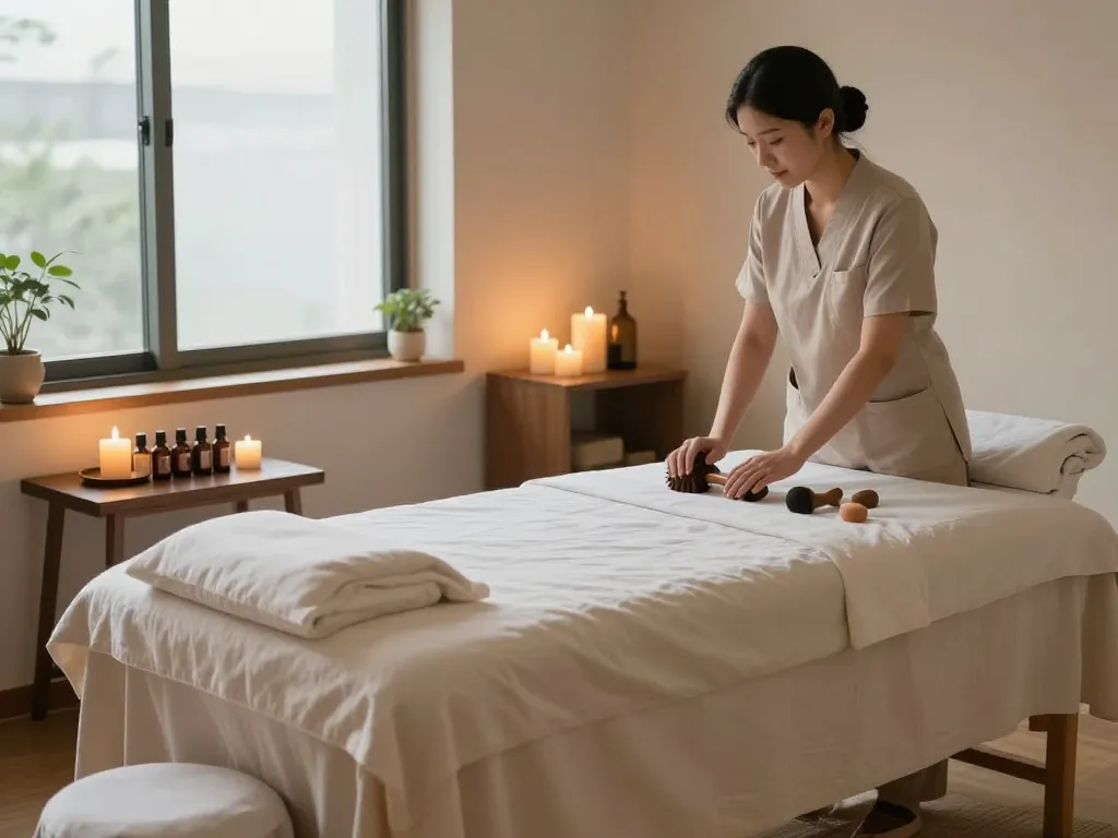 Seoul 출장마사지 room with massage table, therapeutic ambiance, essential oils, and calming atmosphere.
