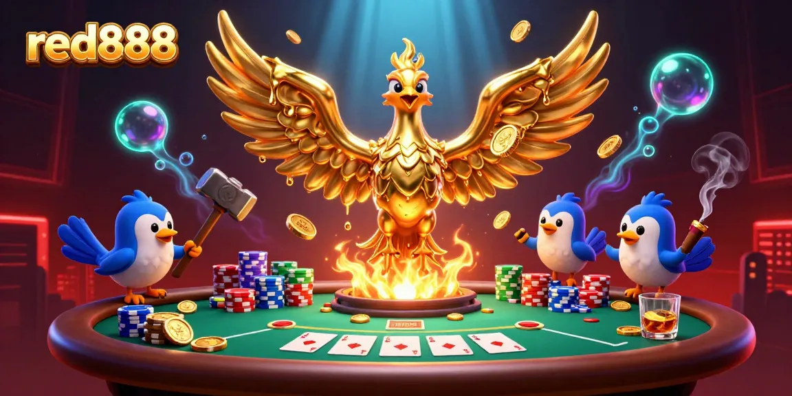 Experience thrilling gameplay with red888 featuring a molten metal phoenix emerging amidst poker chips and cards.
