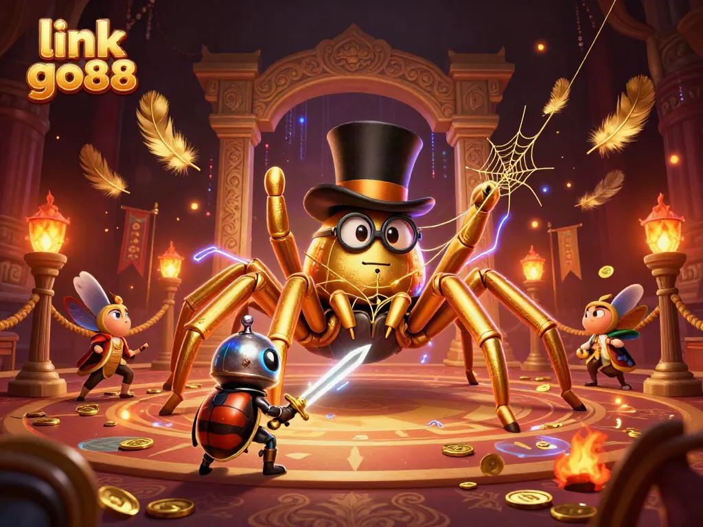 Engage in dynamic gaming with link go88, featuring a whimsical scene with a golden tarantula and battlefield ambiance.