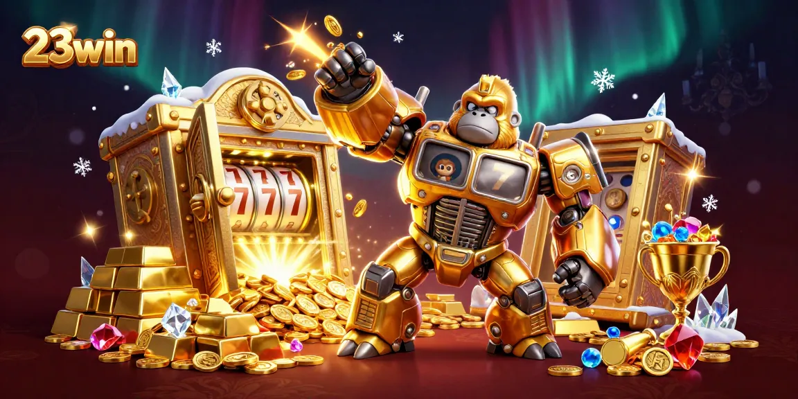 Experience thrilling wins with 23win's golden gorilla mech and treasure-filled casino world.